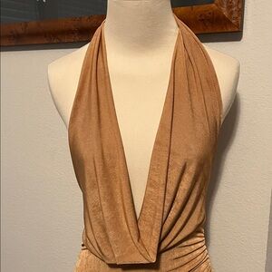 STRETCHED ACCESS! Chic Backless Tan Dress with dipped neckline